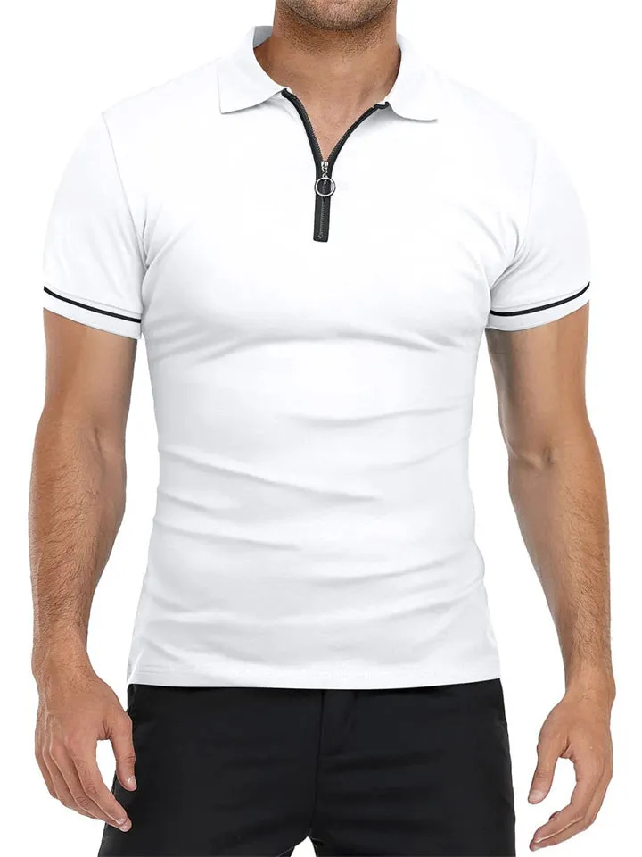 Men's Summer Short Sleeve Lapel Zipper Slim Fit Thin Polo T-shirts