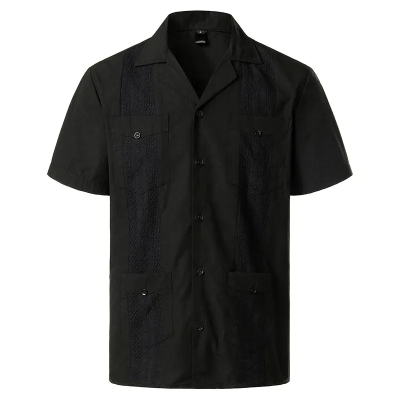 Men's Traditional Cuban Camp Collar Guayabera Shirt Short Sleeve Embroidered Mexican Caribbean Style Beach Shirt with 4 Pocket