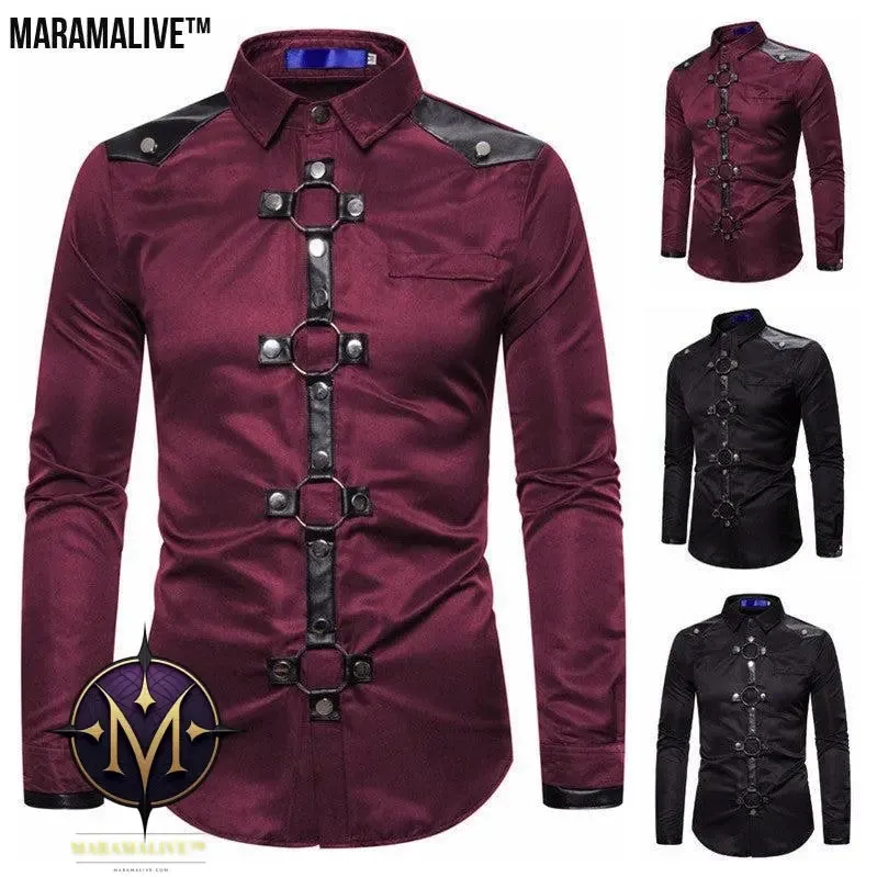 Midnight Majesty: Men's Gothic Style Rivet Casual Long Sleeve Shirt Men's Costume
