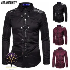 Midnight Majesty: Men's Gothic Style Rivet Casual Long Sleeve Shirt Men's Costume