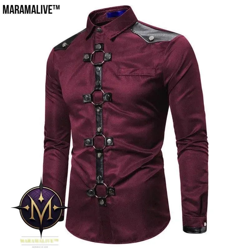 Midnight Majesty: Men's Gothic Style Rivet Casual Long Sleeve Shirt Men's Costume