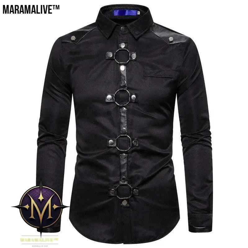 Midnight Majesty: Men's Gothic Style Rivet Casual Long Sleeve Shirt Men's Costume