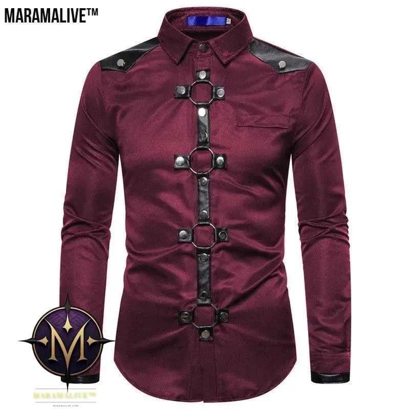 Midnight Majesty: Men's Gothic Style Rivet Casual Long Sleeve Shirt Men's Costume