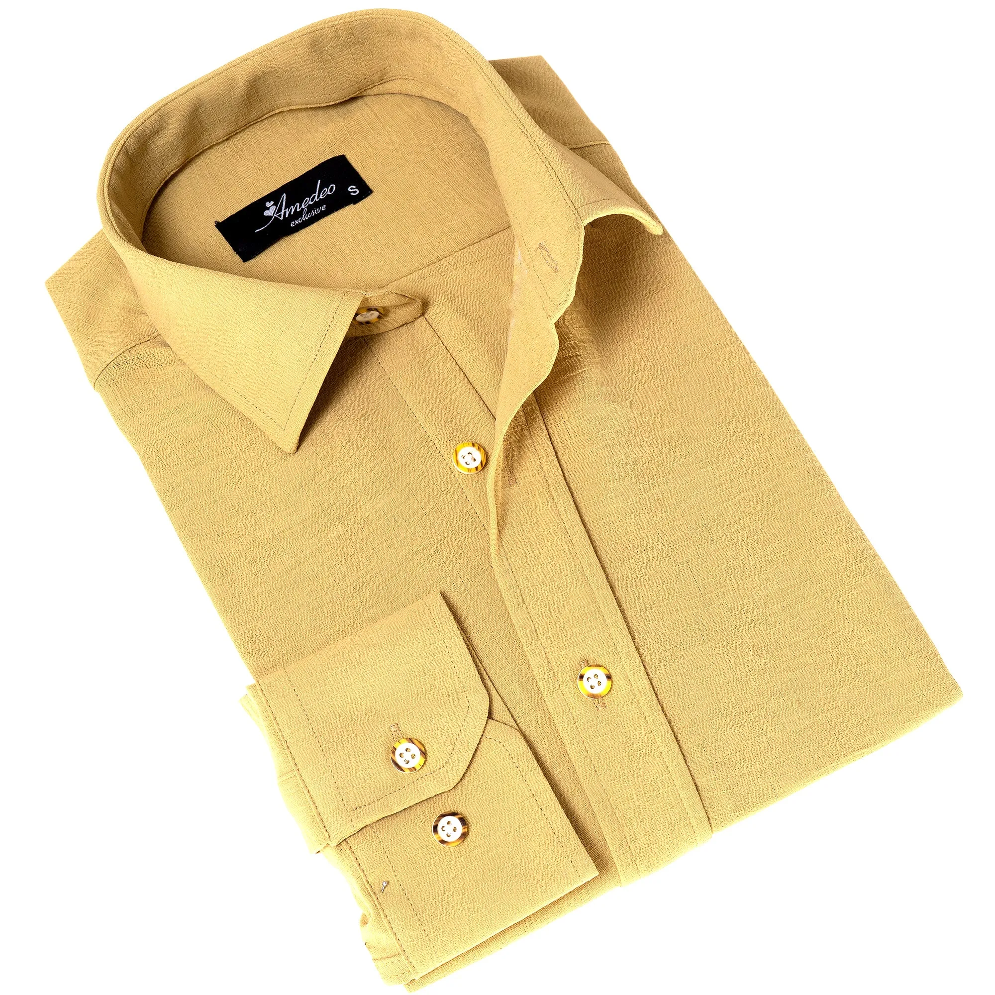 Mustard Colored Luxury Men's Tailor Fit Button Up European Made Linen Shirts
