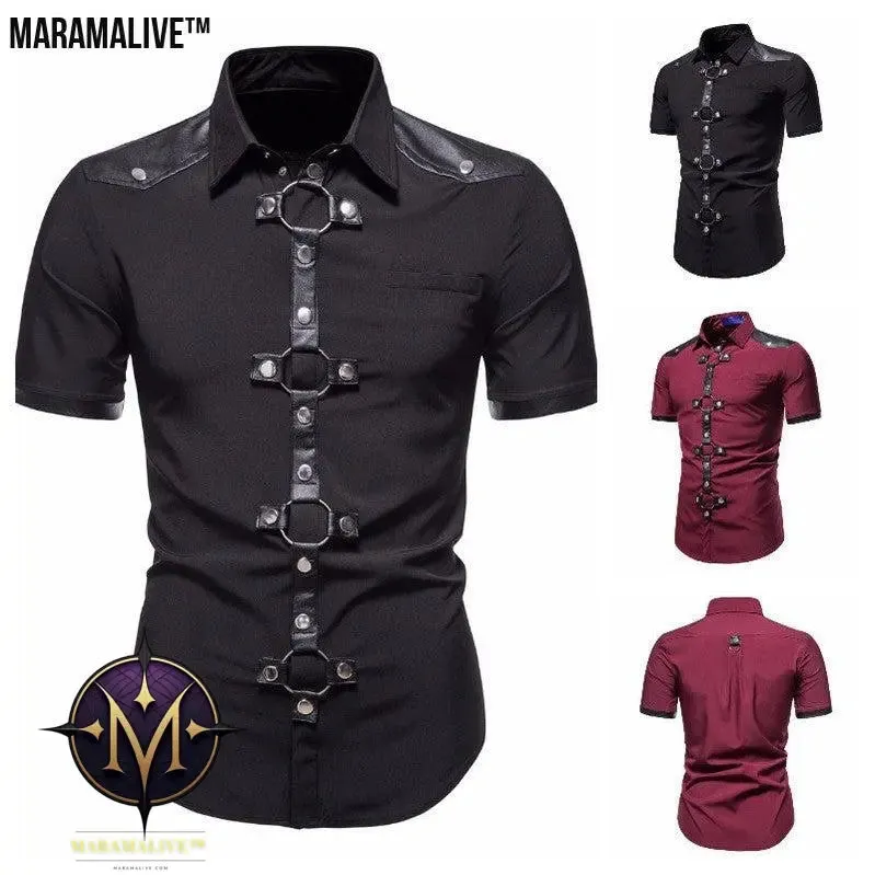 New European And American Men's Gothic Style Rivet Leather Patchwork Short-sleeved Shirt Simple Fashion Costume