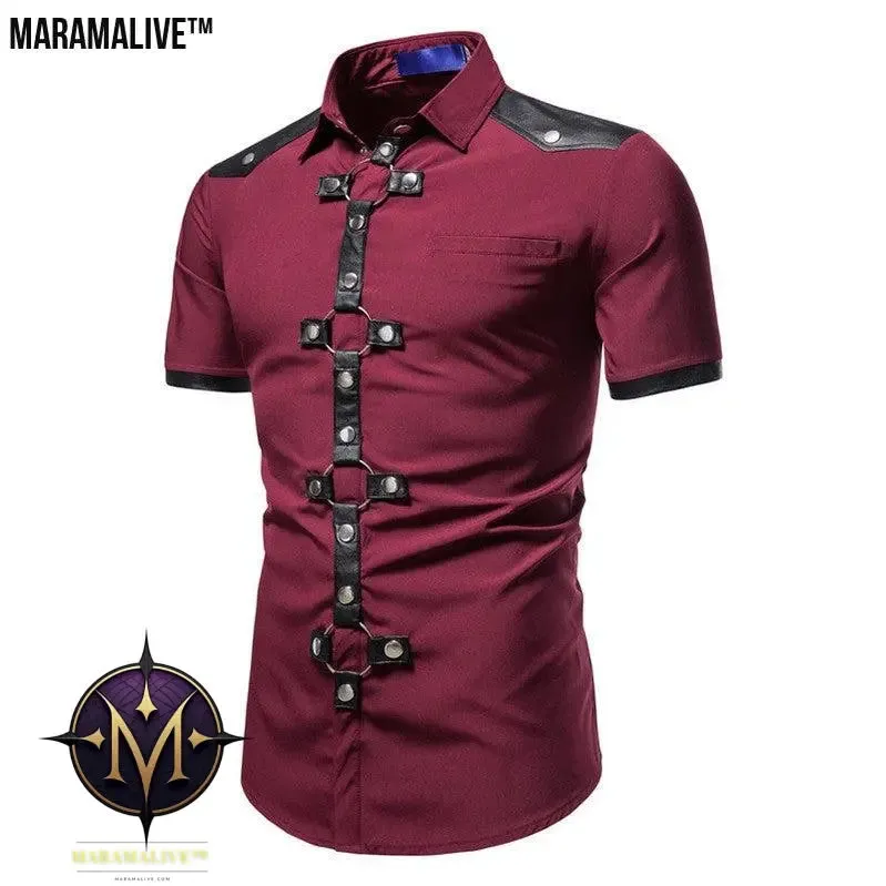 New European And American Men's Gothic Style Rivet Leather Patchwork Short-sleeved Shirt Simple Fashion Costume