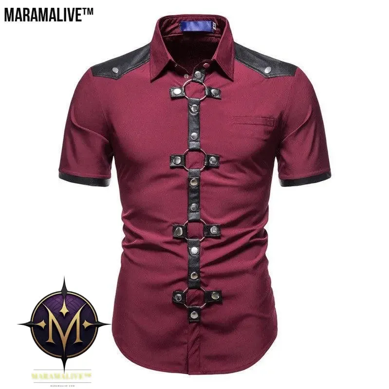 New European And American Men's Gothic Style Rivet Leather Patchwork Short-sleeved Shirt Simple Fashion Costume