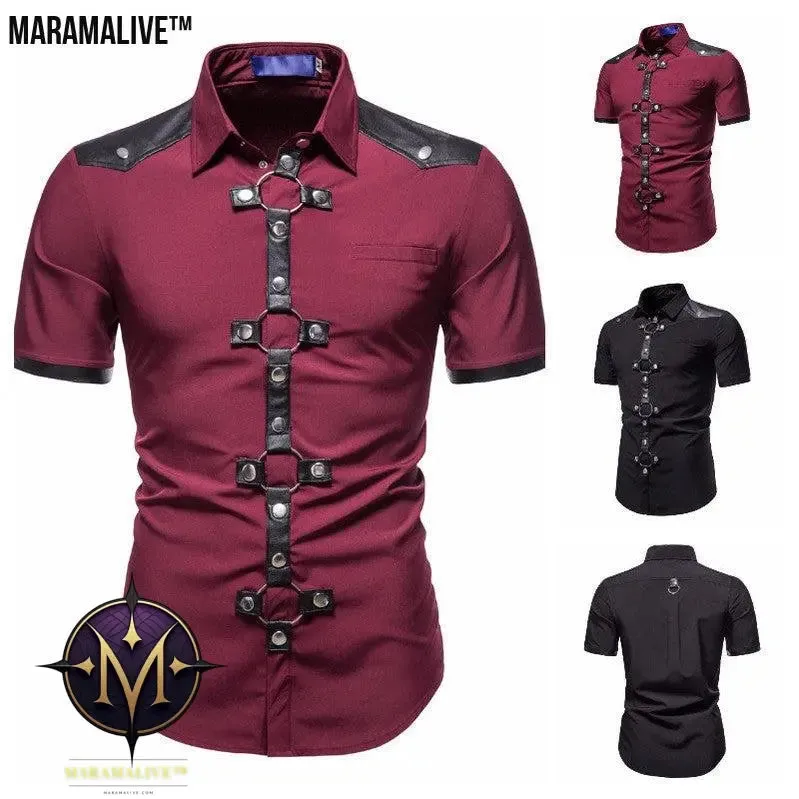 New European And American Men's Gothic Style Rivet Leather Patchwork Short-sleeved Shirt Simple Fashion Costume