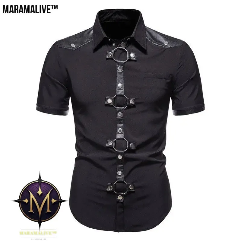 New European And American Men's Gothic Style Rivet Leather Patchwork Short-sleeved Shirt Simple Fashion Costume