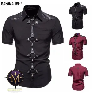 New European And American Men's Gothic Style Rivet Leather Patchwork Short-sleeved Shirt Simple Fashion Costume