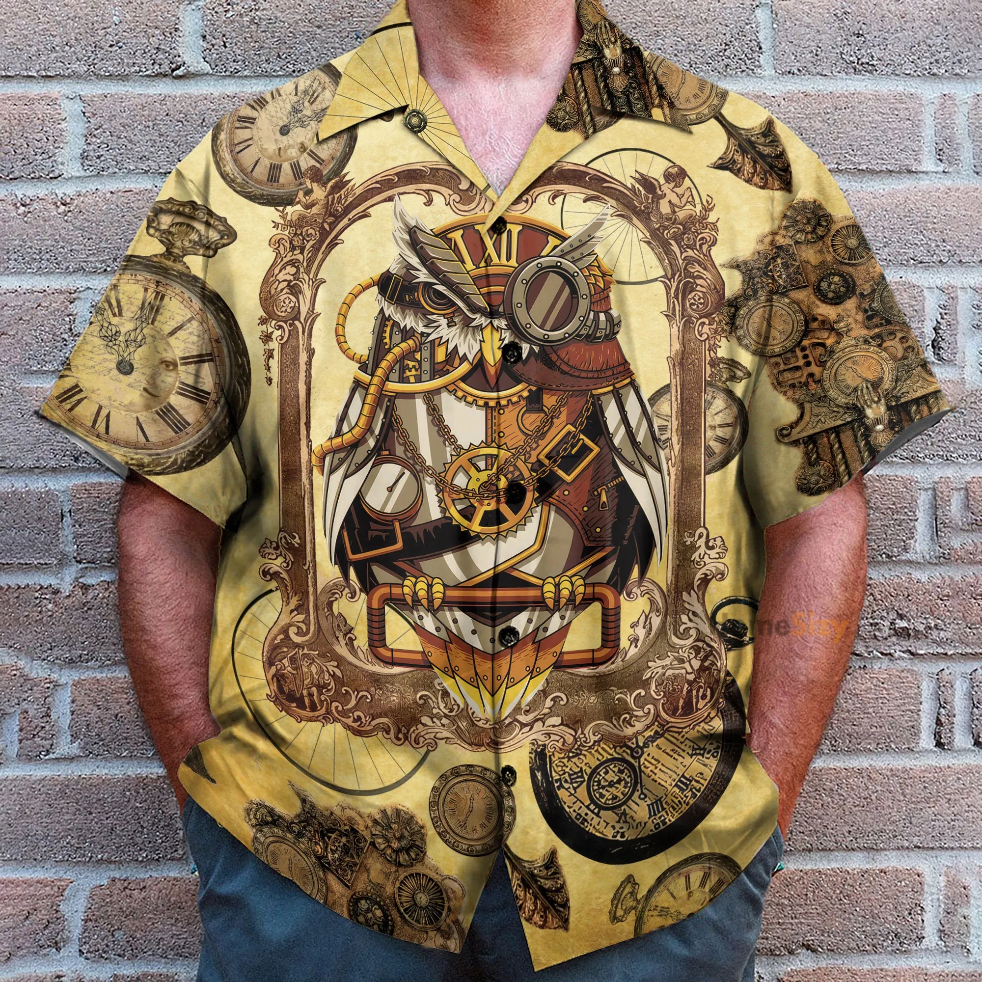 Owl Steampunk Clock Men's Button's Up Shirts - Hawaiian Shirt