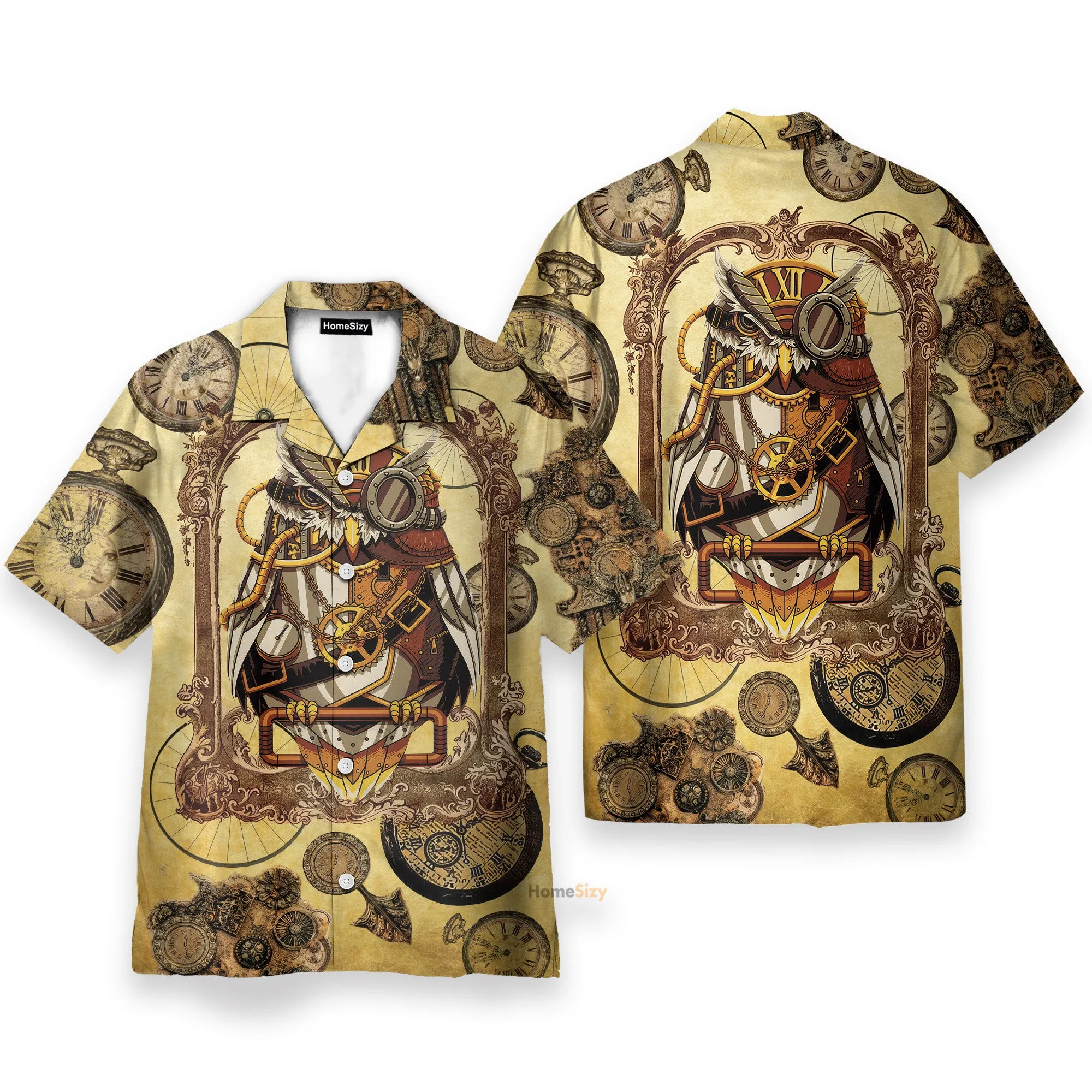 Owl Steampunk Clock Men's Button's Up Shirts - Hawaiian Shirt