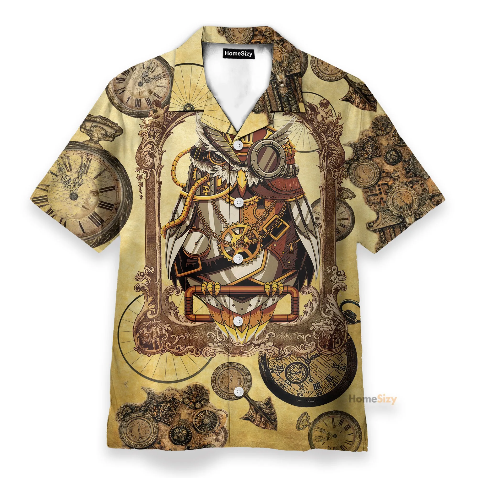 Owl Steampunk Clock Men's Button's Up Shirts - Hawaiian Shirt