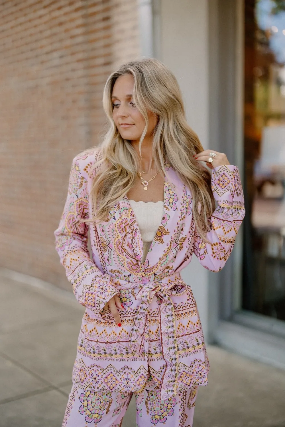 Paisley Print Linen Tie Waist Blazer