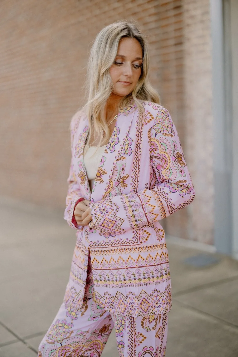 Paisley Print Linen Tie Waist Blazer
