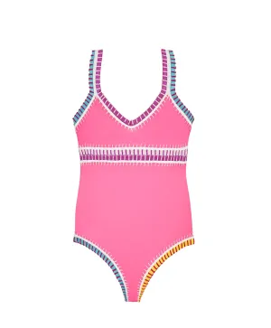 PQ Swim- Hot Pink Rainbow Embroidered One Piece