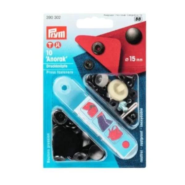 Prym No-Sew Anorak Press Fasteners Black 15mm