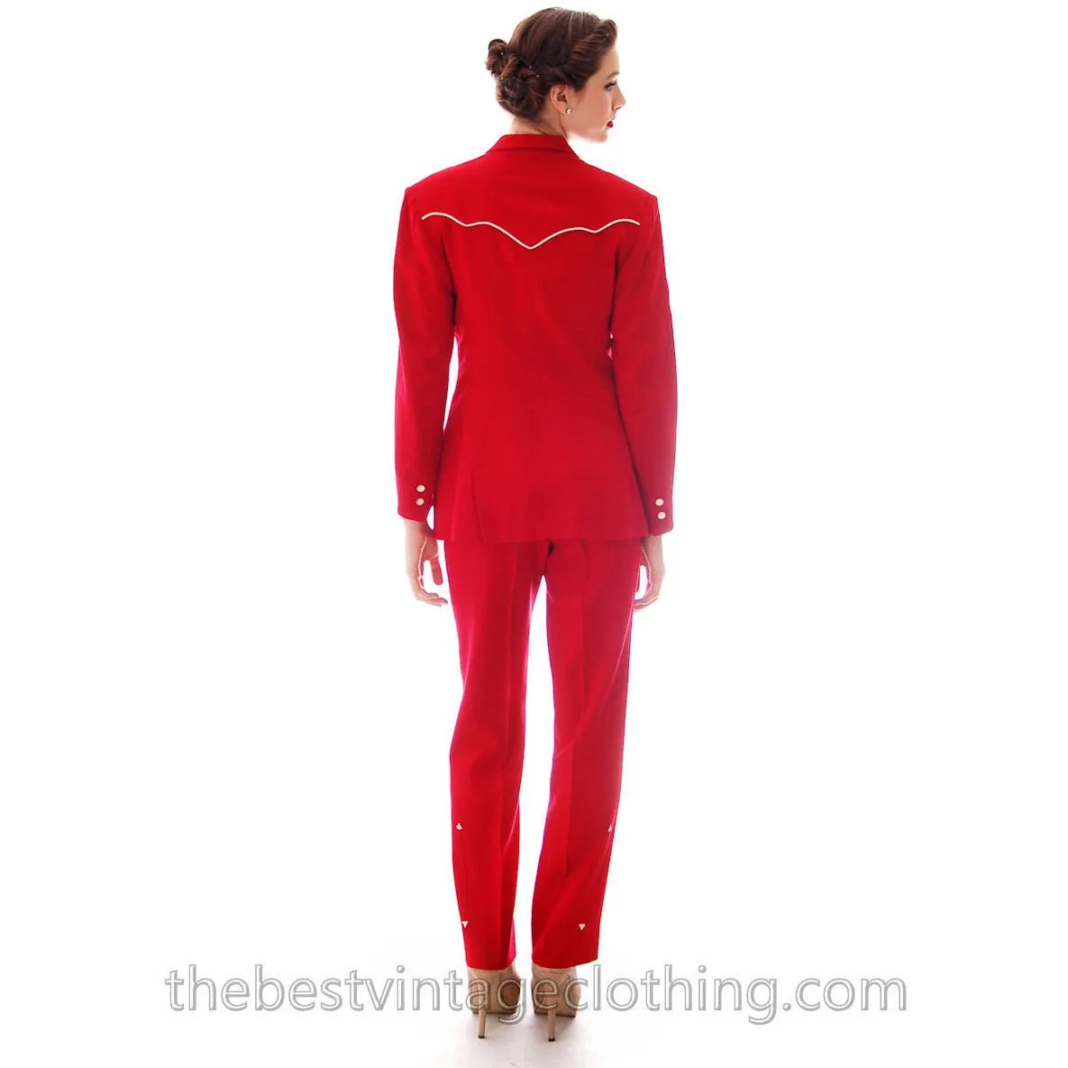 RARE Vintage Rodeo Queen Gross Original 2 PC Pant Suit 1950s Lipstick Red Wool White Trim S