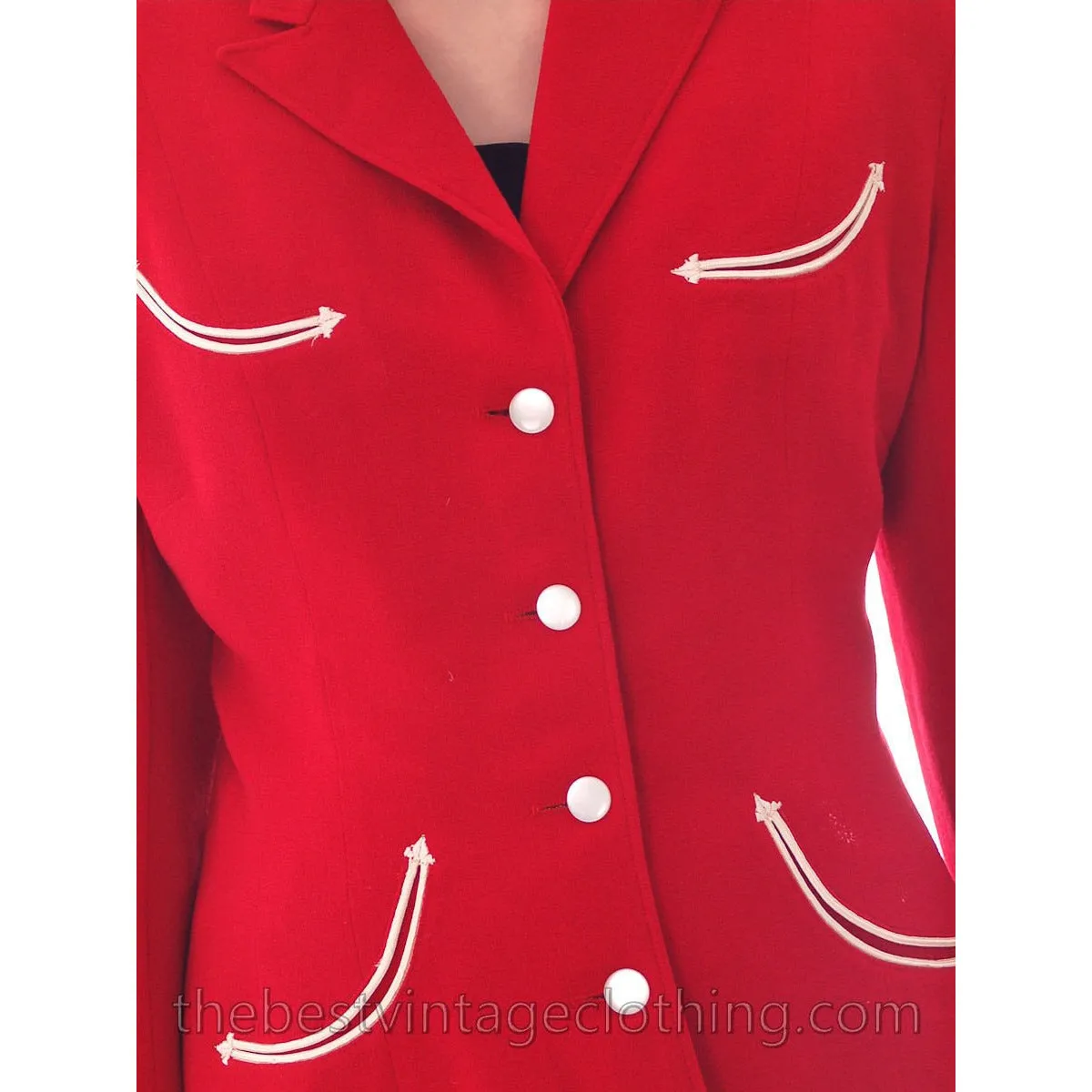 RARE Vintage Rodeo Queen Gross Original 2 PC Pant Suit 1950s Lipstick Red Wool White Trim S