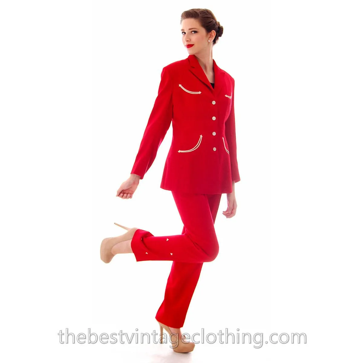 RARE Vintage Rodeo Queen Gross Original 2 PC Pant Suit 1950s Lipstick Red Wool White Trim S