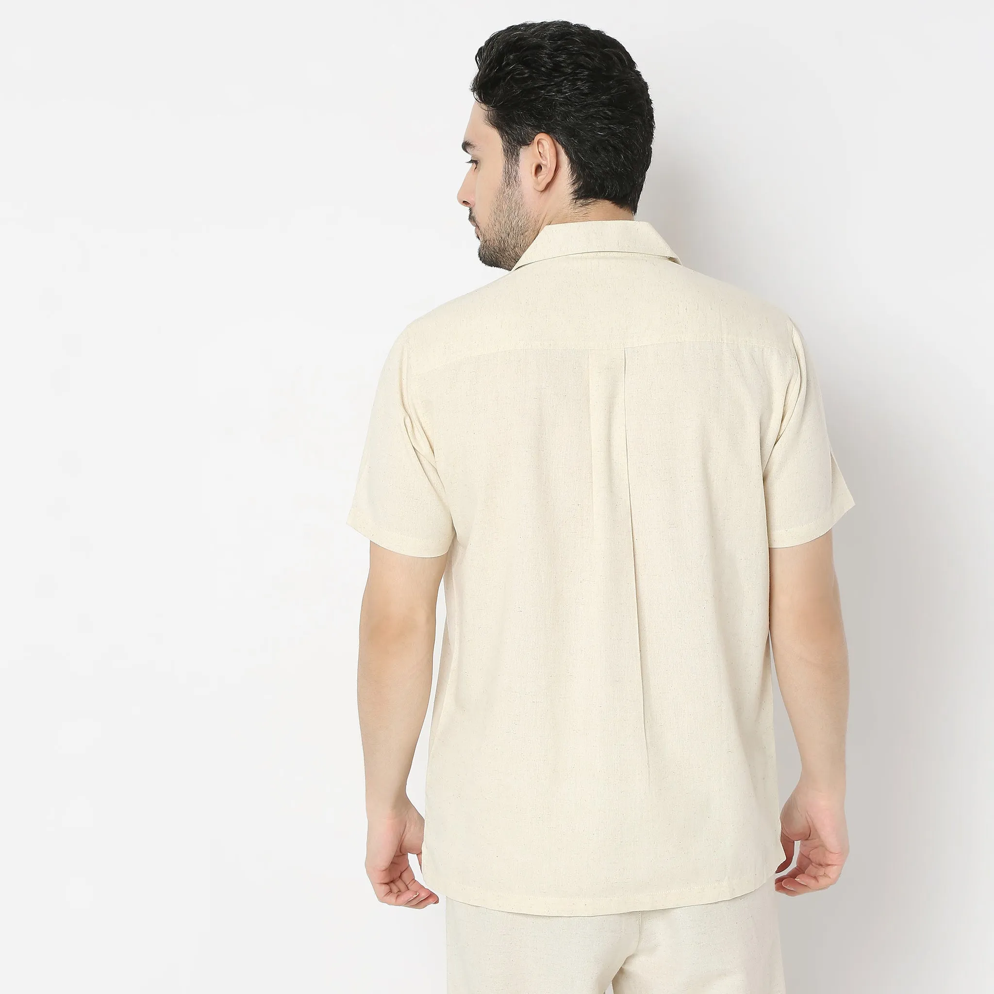 Relaxed Fit Embroiderd Camp Collar Cuban Half Sleeve Shirt