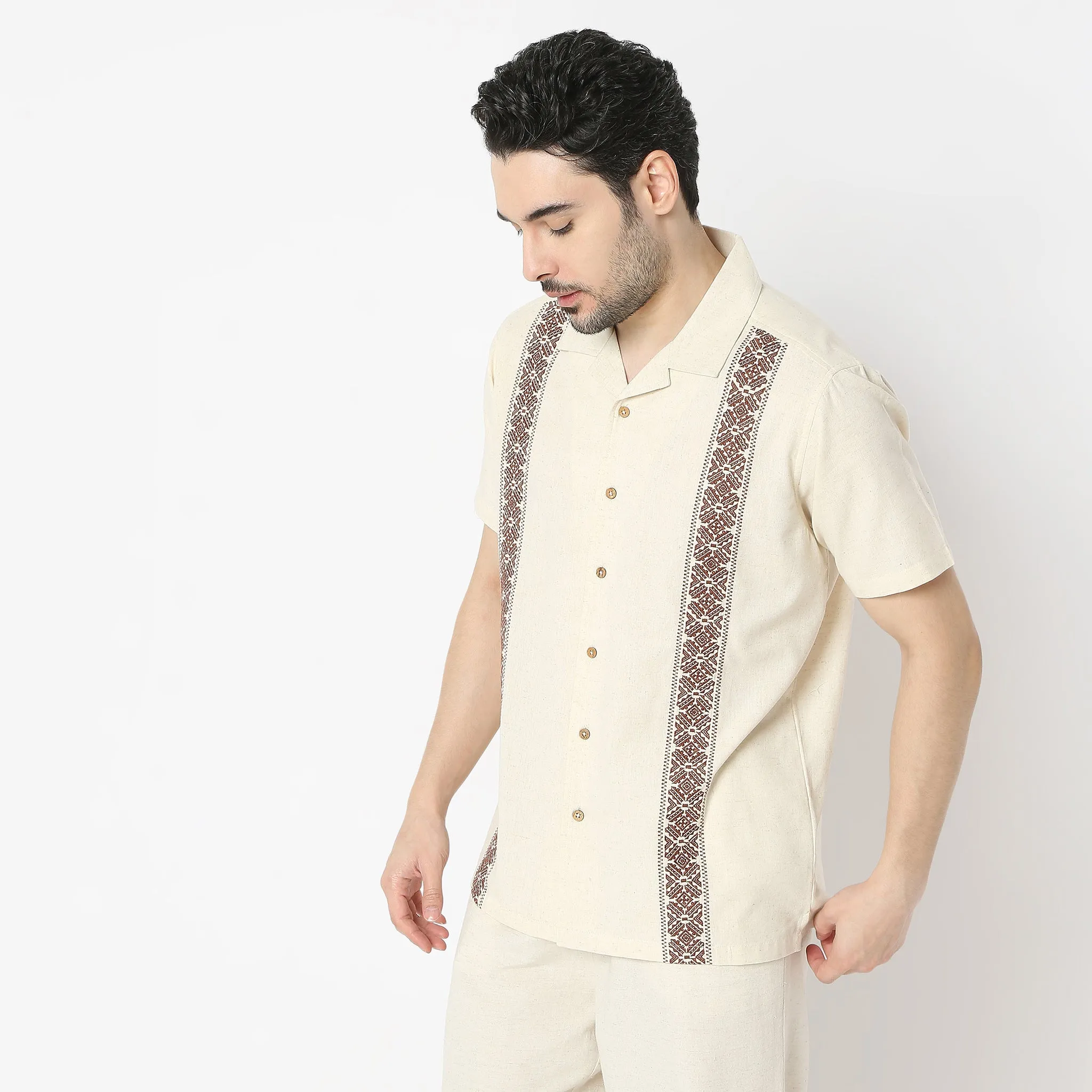 Relaxed Fit Embroiderd Camp Collar Cuban Half Sleeve Shirt