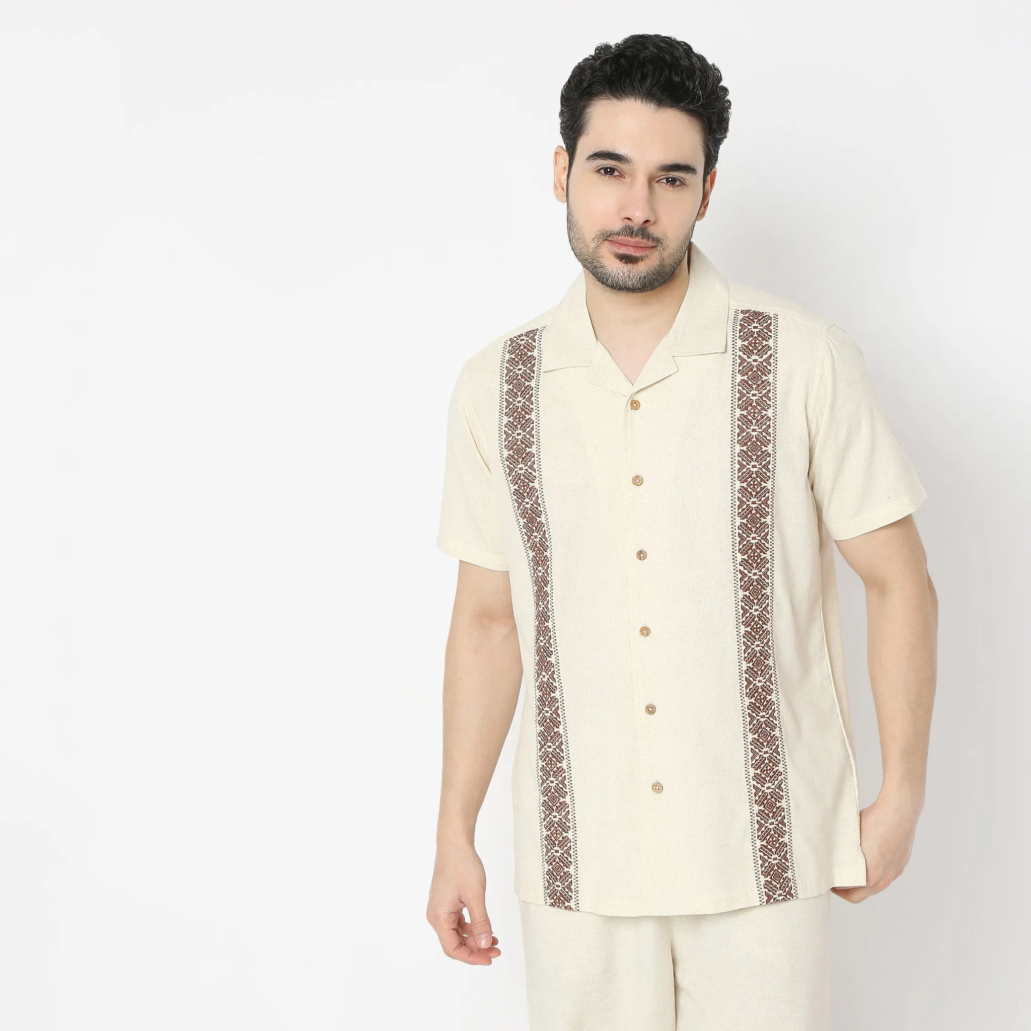 Relaxed Fit Embroiderd Camp Collar Cuban Half Sleeve Shirt