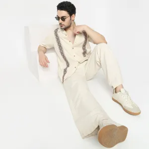 Relaxed Fit Embroiderd Camp Collar Cuban Half Sleeve Shirt