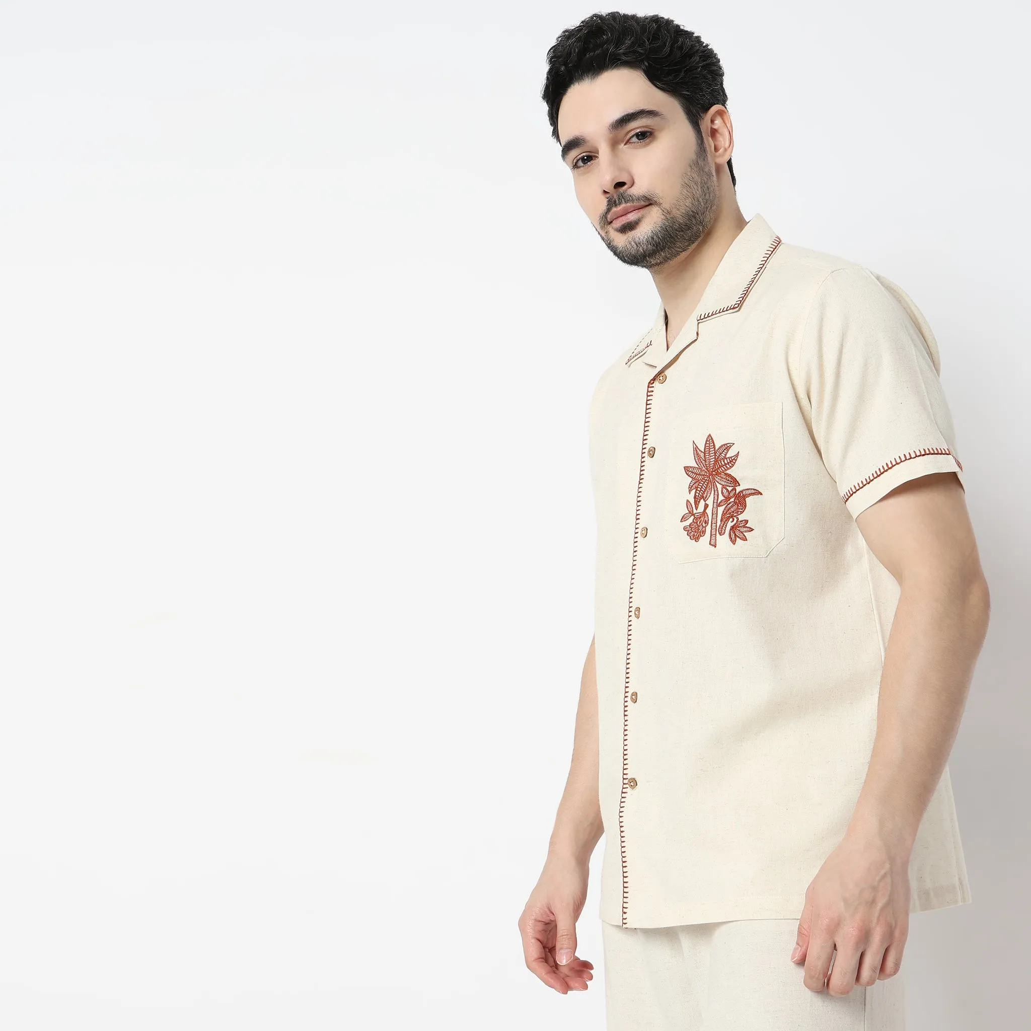 Relaxed Fit Embroidered Half Sleeve Camp Collar Artistry Cuban Shirt