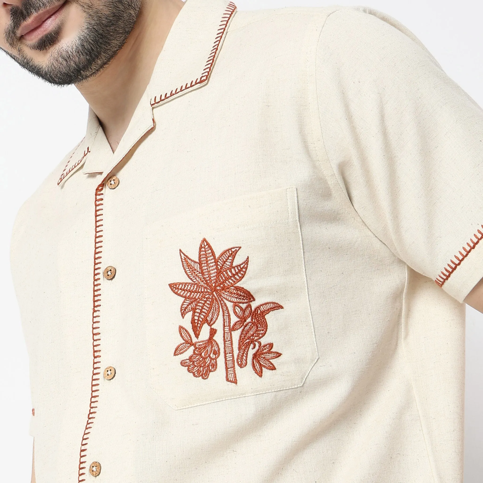 Relaxed Fit Embroidered Half Sleeve Camp Collar Artistry Cuban Shirt