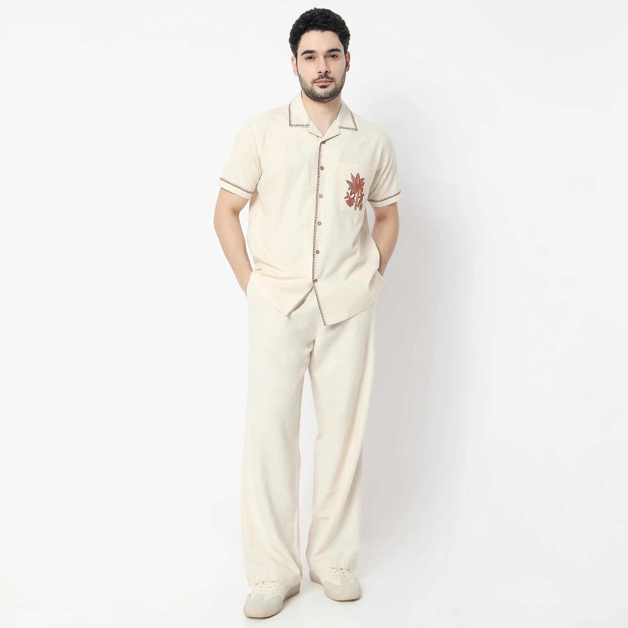 Relaxed Fit Embroidered Half Sleeve Camp Collar Artistry Cuban Shirt
