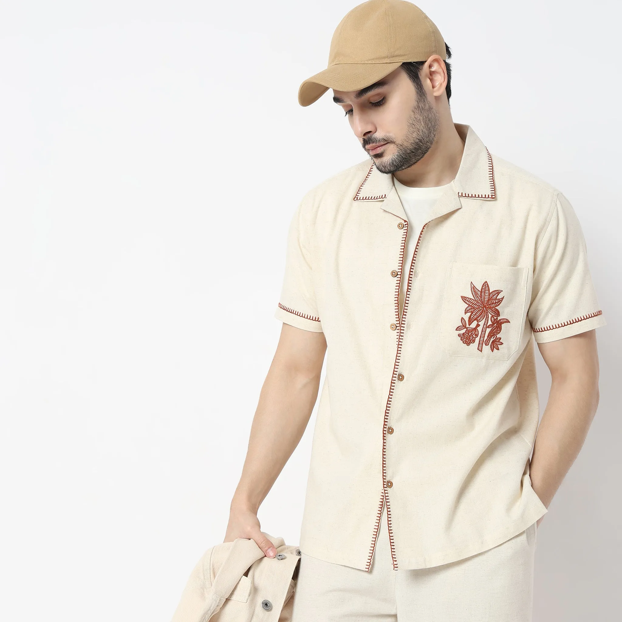 Relaxed Fit Embroidered Half Sleeve Camp Collar Artistry Cuban Shirt