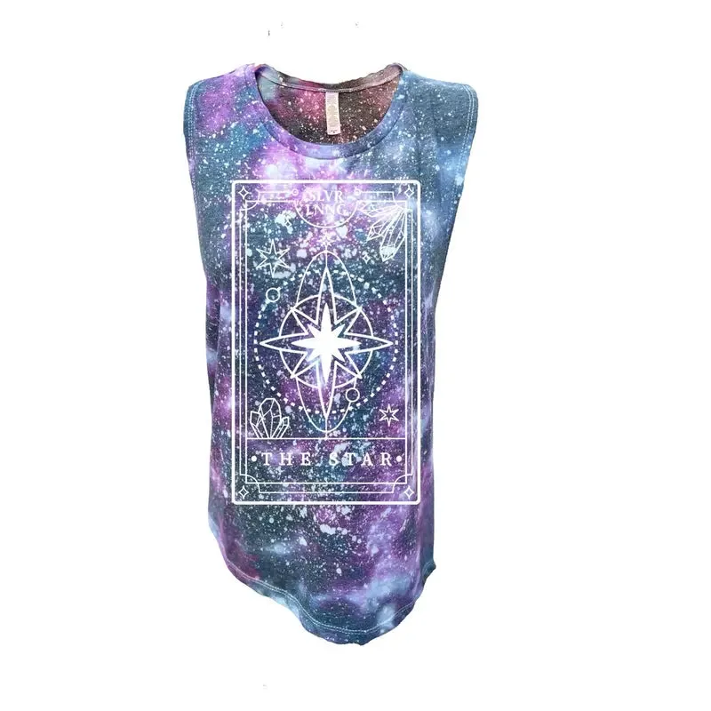 Star Tarot Card Tie-Dye Women's Muscle Tank with Clear Quartz Infusion