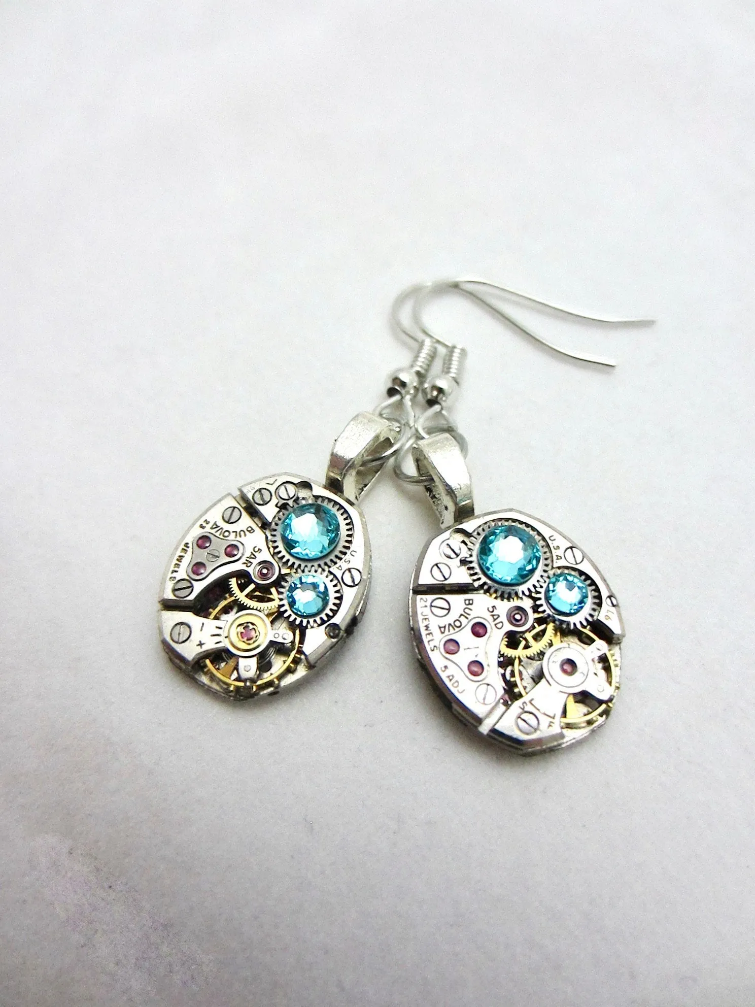 Steampunk ear gear - Bulova watch movement - Aquamarine - Steampunk Earrings - Repurposed art