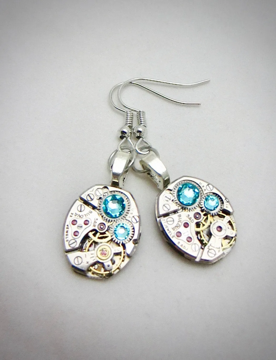 Steampunk ear gear - Bulova watch movement - Aquamarine - Steampunk Earrings - Repurposed art