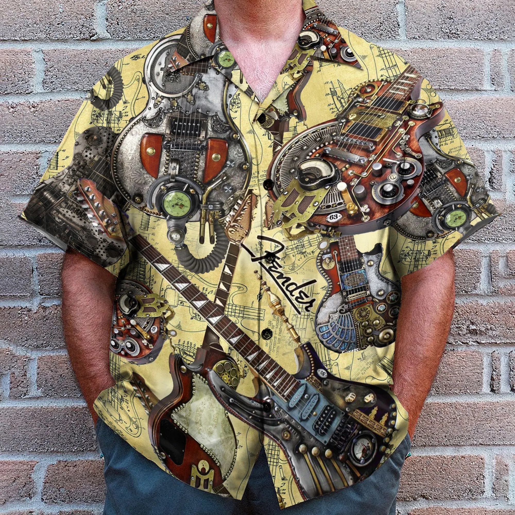 Steampunk Guitar Men's Button's Up Shirts - Hawaiian Shirt