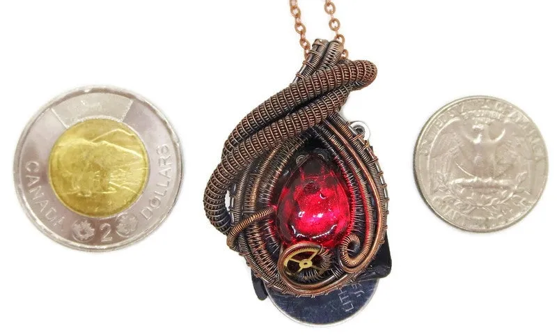 Steampunk Resin Gem Pendant with Light in Crimson, Wire-Wrapped in Bronze