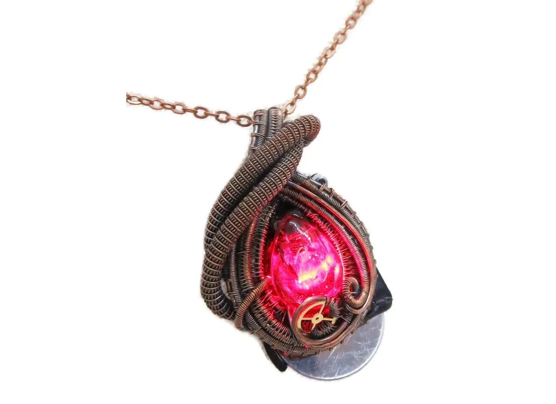 Steampunk Resin Gem Pendant with Light in Crimson, Wire-Wrapped in Bronze