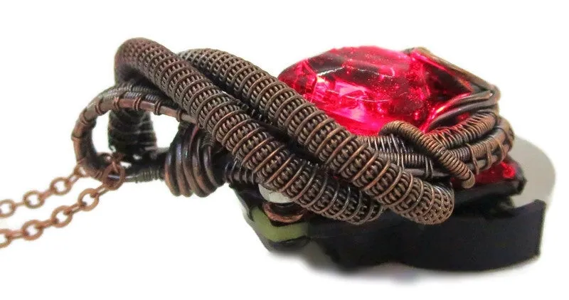 Steampunk Resin Gem Pendant with Light in Crimson, Wire-Wrapped in Bronze