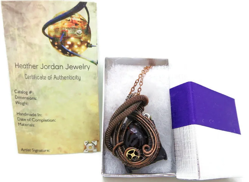 Steampunk Resin Gem Pendant with Light in Crimson, Wire-Wrapped in Bronze
