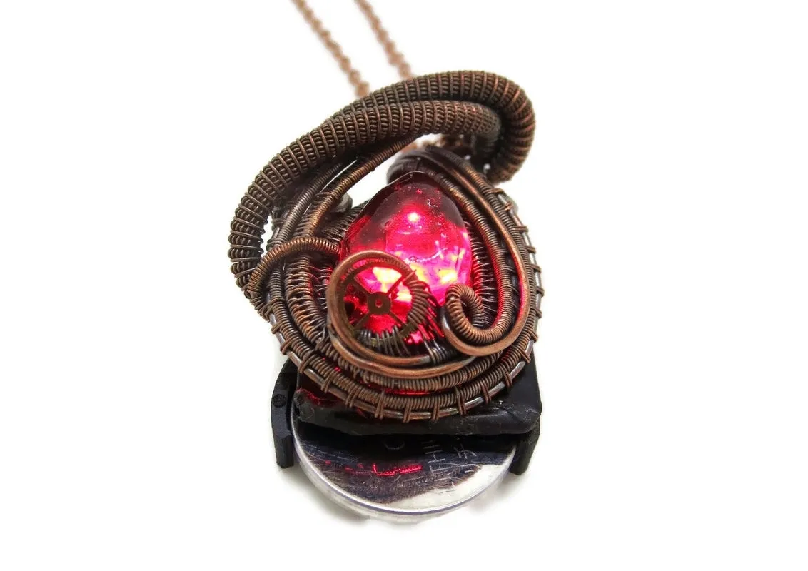 Steampunk Resin Gem Pendant with Light in Crimson, Wire-Wrapped in Bronze