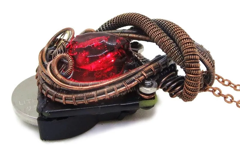 Steampunk Resin Gem Pendant with Light in Crimson, Wire-Wrapped in Bronze