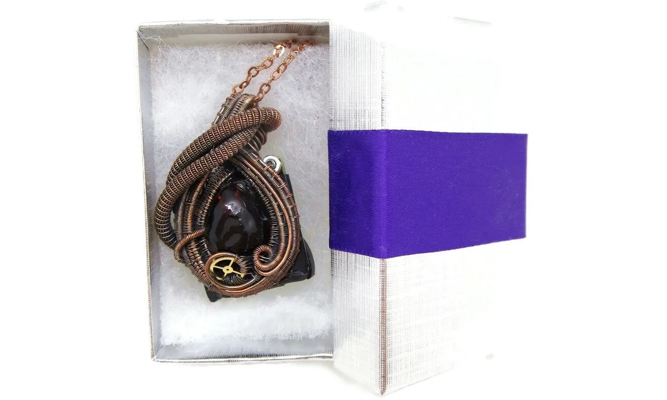 Steampunk Resin Gem Pendant with Light in Crimson, Wire-Wrapped in Bronze