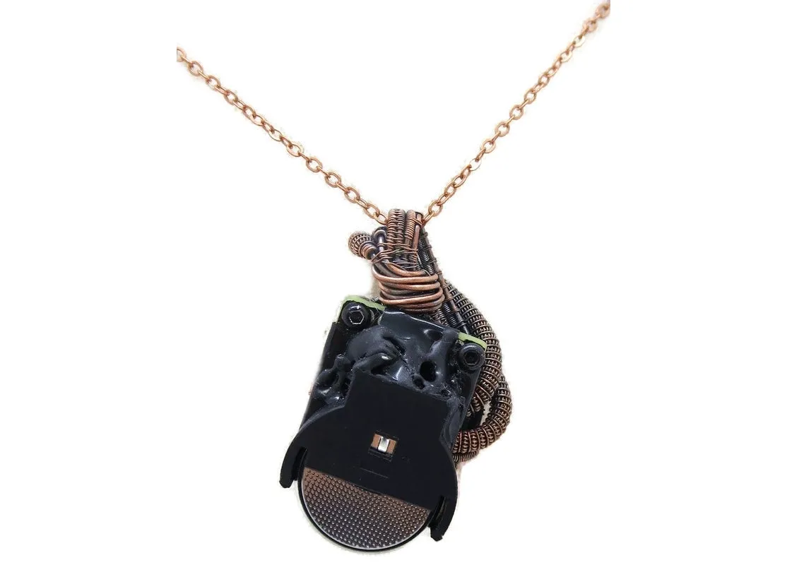 Steampunk Resin Gem Pendant with Light in Crimson, Wire-Wrapped in Bronze