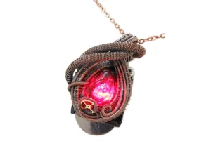 Steampunk Resin Gem Pendant with Light in Crimson, Wire-Wrapped in Bronze