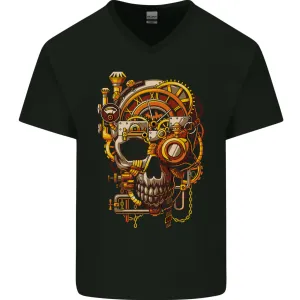 Steampunk Skull Mens V-Neck Cotton T-Shirt