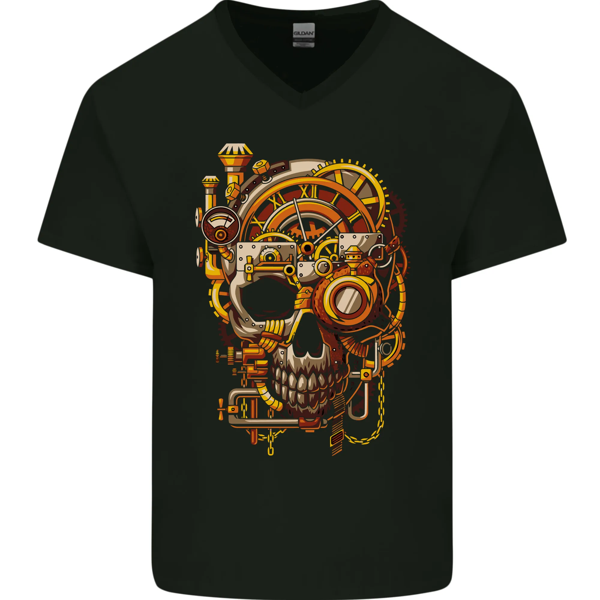 Steampunk Skull Mens V-Neck Cotton T-Shirt