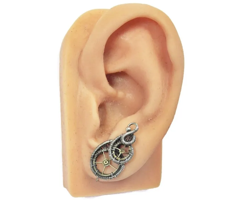 Sterling Silver Steampunk Ear Pins with Brass Watch Gears; "Rolling Wave" Model