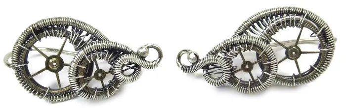Sterling Silver Steampunk Ear Pins with Brass Watch Gears; "Rolling Wave" Model