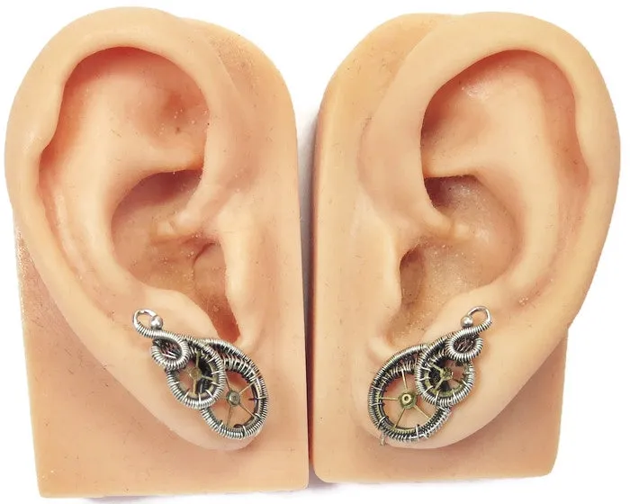 Sterling Silver Steampunk Ear Pins with Brass Watch Gears; "Rolling Wave" Model
